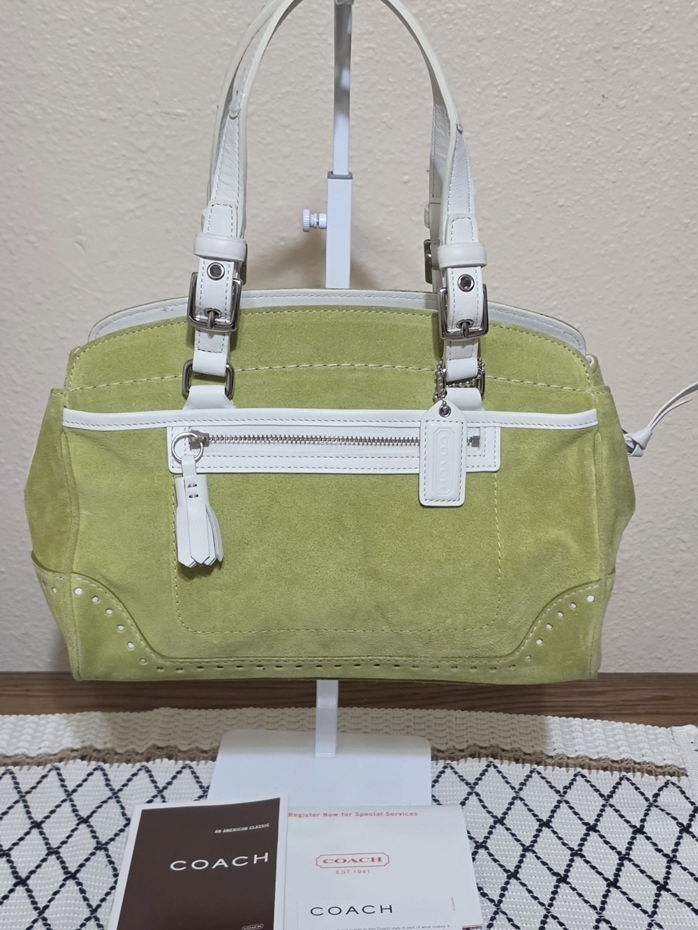 Vintage Hampton Suede Satchel Bag 5081 Pistachio Lime Green & White Leather